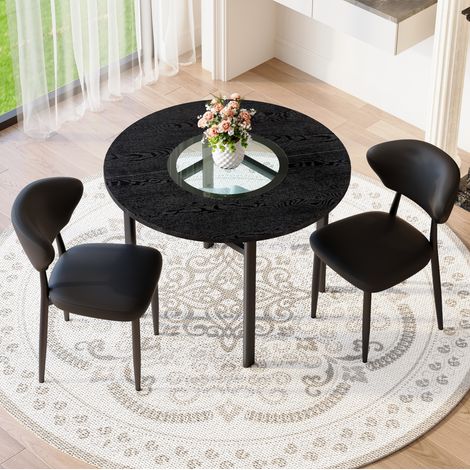 Ensemble Esstisch Und 2 Stühle, Runder Tisch Mit Glasintarsie, In MDF Und Metall, Schwarz (1/5)