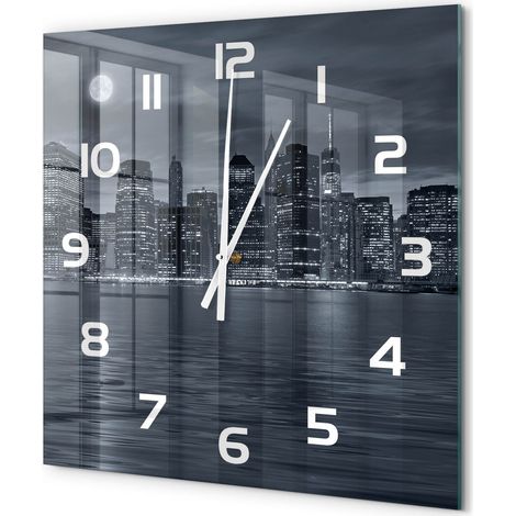 Grande Horloge Murale Carrée Design Moderne en Verre Trempé Silencieuse pour Salon New York la nuit 60x60 cm (1/5)