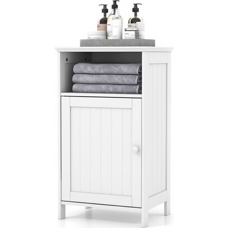 COSTWAY Bathroom Floor Cabinet Single Door Side Cabinet w/Shelf-White (1/5)