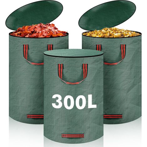 3 x 300L Green Waste Garden Sacks, Garden Bag with Lid and 4 Handles, Durable, Foldable and Reusable Garden Waste Bag for Leaves Waste (1/5)