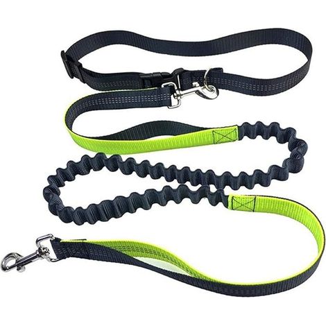 Grey Hands Free Dog Leash, Adjustable and Retractable Elastic Belt for Jogging, with Reflective Stitching (Green Handle) (1/4)