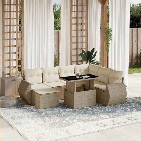 Ensemble Salon Jardin 8 Places Résine Tressée Beige avec Coussins Amovibles - Table Réglable Hauteur, Mobilier Extérieur Modulaire (1/5)