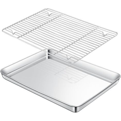 Plaque de cuisson rectangulaire en acier inoxydable avec grille de refroidissement, 31,5 x 21,5 x 2 cm, antiadhésive, non toxique, durable, facile à nettoyer et compatible lave-vaisselle.