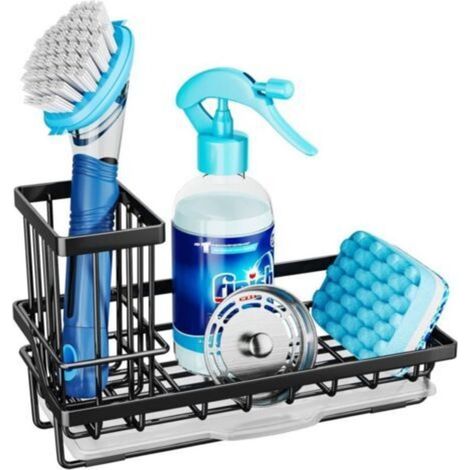 Organiseur d'évier de cuisine avec bac d'égouttage amovible pour comptoir, distributeur de savon à vaisselle, rangement de brosses, accessoires de cuisine en acier inoxydable 304 - Noir (1/4)