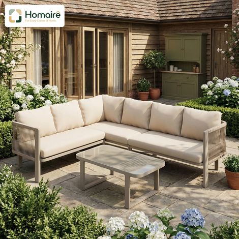 HOMAIRE Gartenmöbel-Set Eckstellung 6 Personen mit verzinktem Stahlrohr, Glastischplatte, Teslin-Seilflechten, Esstisch, Bank, Stühlen, Sofa khakifarben