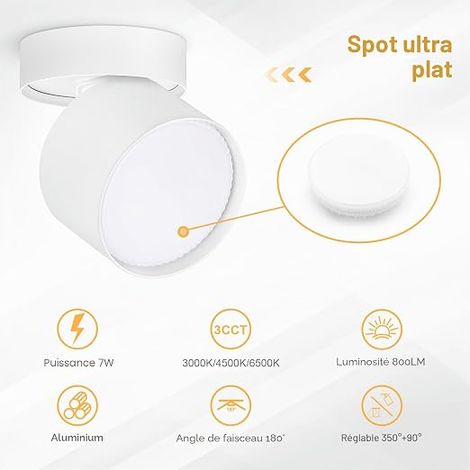 LED Spot en Saillie Orientable, 7W 800LM Ø82×80mm Spots de Plafond, 3000K/4500K/6500K Rotation à 350°+90° Spot LED, Aluminium Rond Blanc Plafonnier Spot Orientable (1/3)