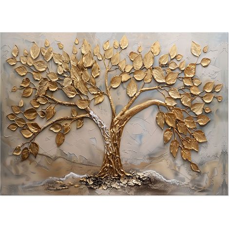 Lupia - Quadro moderno Canvas Prime ALBERO DORATO 50x70 cm, Stampa su Tela, Albero della vita oro astratto, dipinto Pennellate tridimensionale, Telaio in Legno, per soggiorno camera da letto ufficio