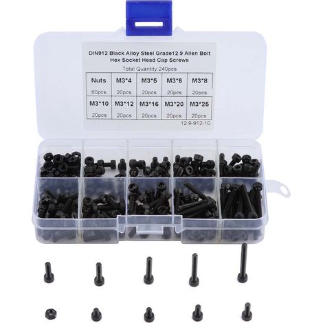 Vis À Tête Cylindrique M3 Noire - Acier Haute Résistance - Pour Machines Outils Et Accessoires - Kit 240 Pièces (1/5)