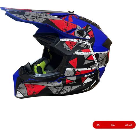 Kinder-Motocross-/Enduro-Helm für Motorrad, ATV und Fahrrad – Größe XS (47–48 cm), mattblau mit rot-grauem Design