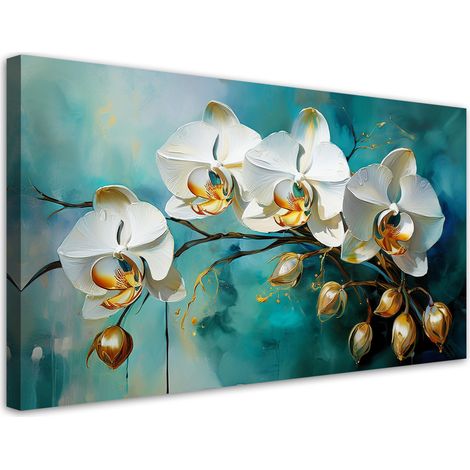 Tableau déco Orchidées blanches sur fond turquoise 80x40 (1/5)
