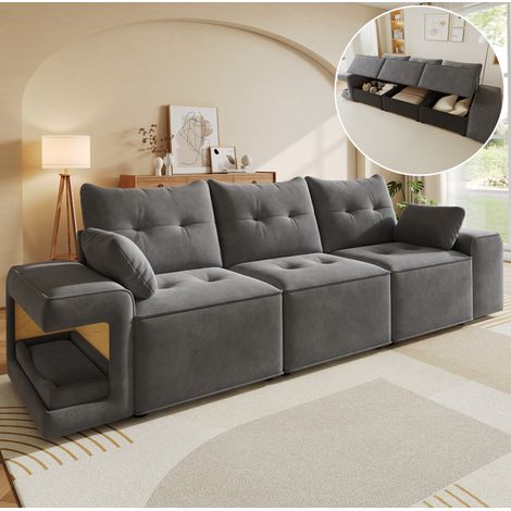 Canapé 3 places 229.5x78x84 cm gris en velours avec rangement et niches pour animaux (1/5)