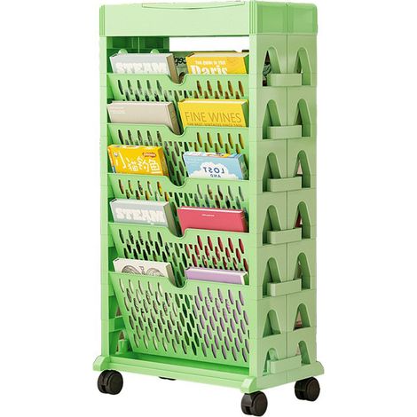 Bibliothèque à 5 niveaux et double rangée avec roulettes, verte, étagère de rangement pour bureau d'étudiant, mobile (1/3)