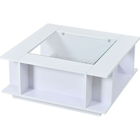 Table basse 70 x 70 x 30 cm forme carrée plateau en verre surface brillante éclairage led structure en panneau de particules charge (1/5)