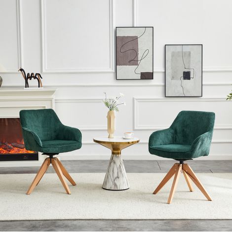 Set de 2 sillas giratorias de terciopelo verde oscuro con patas de madera y reposabrazos (1/5)