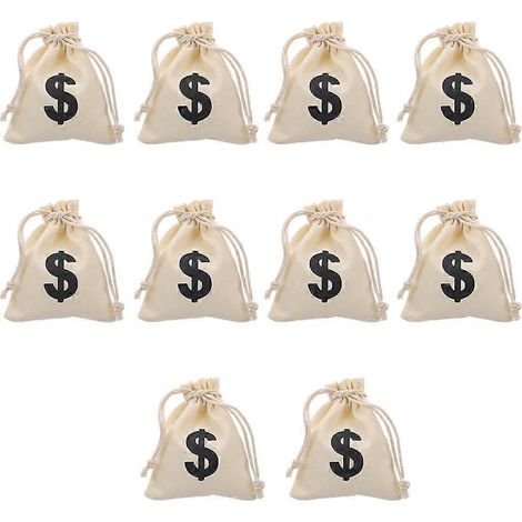 Lot de 10 sacs cadeaux à cordon, sacs de rangement pour cadeaux de fête, sacs pour pièces de monnaie, sacs à motif dollar-12X10CM-Beige