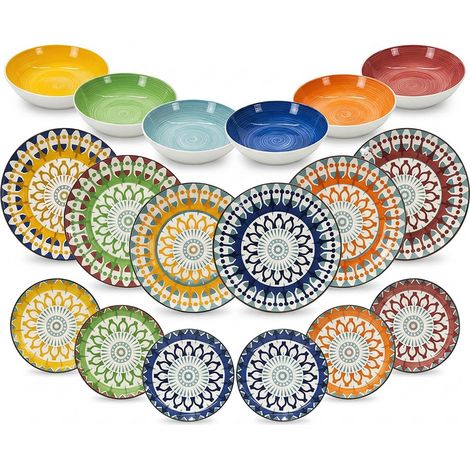Servizio Piatti 18 Pezzi in Porcellana Set Tavola Completo per 6 Persone con Decori Mandala Colorati Include Piatti Piani 27cm Fondi 20cm e Frutta 19 cm, Uso Microonde e Lavastoviglie. MOSAICO