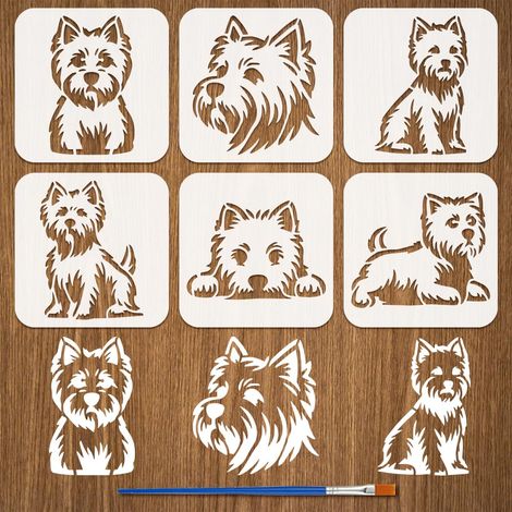 6 Styles Pochoirs West Highland White Terrier Avec Un Pinceau 15x15cm Motif Chien Pochoir de Peinture Tête de Chien Pochoirs Thèmes Animaux Pet Modèle pour Bois Mur Carrelage de Sol (1/5)