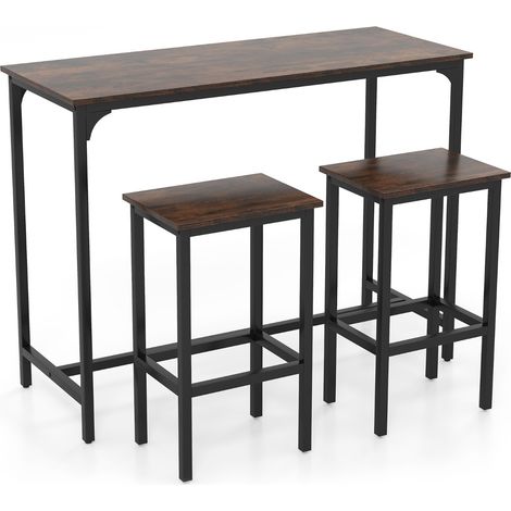 Set da pranzo 3 pezzi con tavolo industriale alto 120 cm, 2 sgabelli da bar e sedie per spazi piccoli Marrone (1/3)