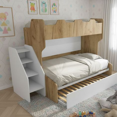 Letto a castello 3 posti con terzo letto estraibile e scaletta contenitore - Una piazza e mezza - Quercia e Bianco