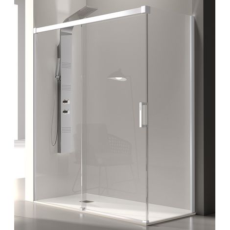 Paroi de douche fixe + Porte coulissante GLASÉ profil blanc 125 cm Paroi latérale : 76 - 79 cm