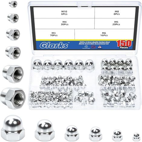 150pcs M3/M4/M5/M6/M8/M10 Kit d'écrous de capuchon de glaçon en acier au carbone, Écrous de dôme hexagonal plaqué nickel, Écrous de tête de dôme de capuchon de glaçon, Écrou de couronne à dômes (1/5)