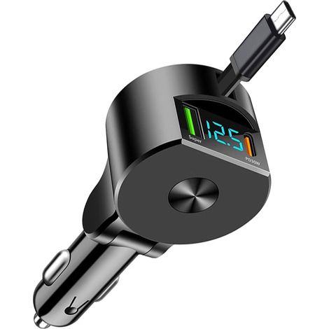 Einziehbares Autoladegerät, 75 W, 3-in-1, USB C, einziehbares Zigarettenanzünder-Ladegerät mit Kabel, 30 W, superschneller USB-C-Zigarettenanzünder, kompatibel mit iPhone 16/15/Pro Max/Pro/Plus/Sam-su