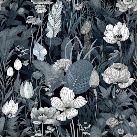 Papier Peint Adhesif Mural Floral Et Feuillage Noir Et Blanc 44.5Cmx7M Papier Peint Fleuri Feuille De Palmier Bleu Gris Cham[BI136] (1/5)