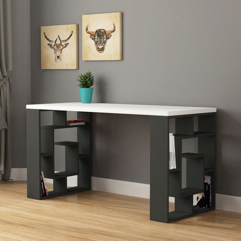 Decortie Labirent Modern Desk With Bookshelf Legs - White / Anthracite Grey