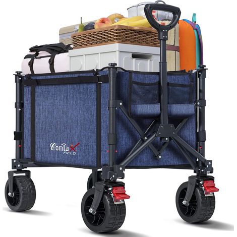 Chariot pliable avec grandes roues tout terrain, chariot pliable de 120L 100KG avec freins, chariot de plage pour la plage, le jardin, le camping, les courses, bleu (1/5)