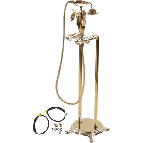Robinetterie sol pour baignoire douche en cuivre massif, double poignée eau chaude froide, colonne tonneau, lavabo côté, cygne doré, sur pied (1/5)