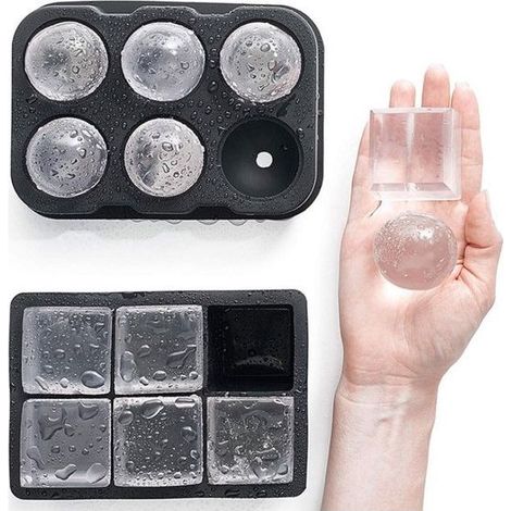Lotto di 2 vassoi del cubo di ghiaccio del silicone, 6 grandi palle di ghiaccio-rotondo e 6 cubetti di ghiaccio piazza, nero (1/5)