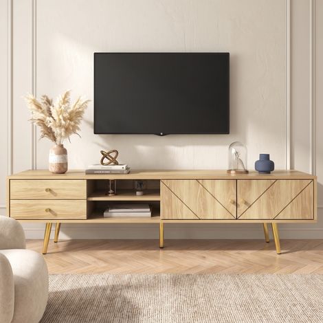 Meuble TV 160 cm avec 2 Tiroirs et 2 Portes, Style Moderne Minimaliste, Couleur Bois (1/5)