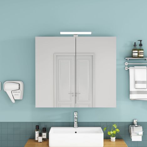 Armario de baño blanco de 80 cm para montaje en pared con espejo, 2 puertas, iluminación LED y enchufe francés, estantes de cristal regulables en altura y bisagras de cierre suave. (1/5)