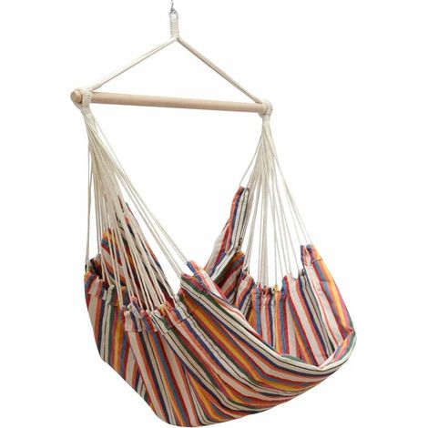 Hamac suspendu XXL 185x130 cm 100% coton 150 kg – Siège pivotant 360° – Pour intérieur et extérieur – Rayé multicolore (1/5)