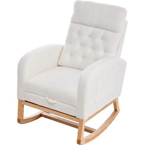 Sillón mecedora de bouclé blanco con reposapiés extensible y bolsillos laterales (1/5)