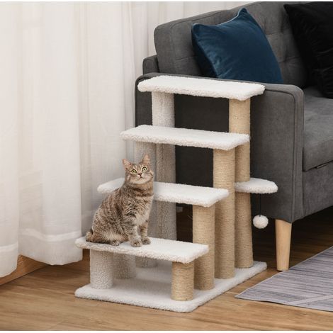 Escalier pour chat 60x40x64 cm en contreplaqué blanc avec griffoir, pour petits animaux – MEUBLIV (1/5)