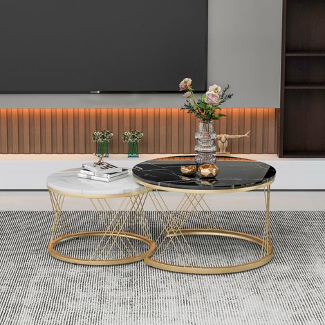Table basse gigogne ronde 70x70x45 cm noir en MDF effet marbre avec structure métallique stable (1/5)