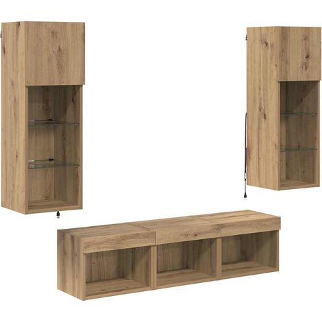 Mueble de TV moderno de pared con estantes de cristal 60 x 30 x 30 cm líneas limpias madera de ingeniería de roble negro 020056086