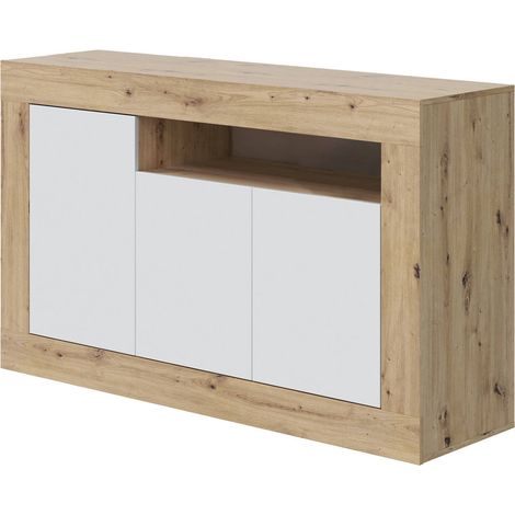 Buffet - BALTIK - Mélaminé 3 portes + 1 niche de rangement - Chene nodi et blanc artik - Aspect bois (1/5)