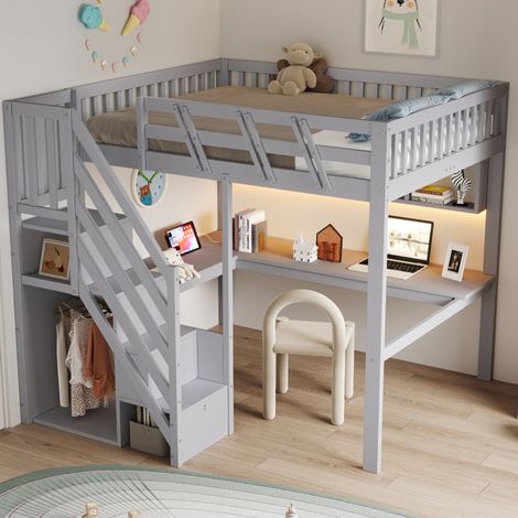 Cama alta infantil 205x193.5x170 cm con escritorio integrado, escalera con almacenamiento, LED, madera, gris (1/5)