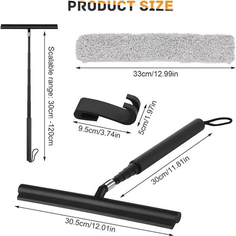 Raclette Douche, Lave Vitre Télescopique Silicone, Raclette Sol 140 cm, Raclette Sol Extérieur Chiffon Crochet, Noir, Salle de Bain, Miroir Verre (1/4)