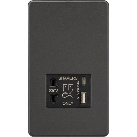 Prise compatible avec rasoir et deux ports USB A+C (5 V CC 2,4 A partagés) - Bronze fumé - SF8909SB (1/5)