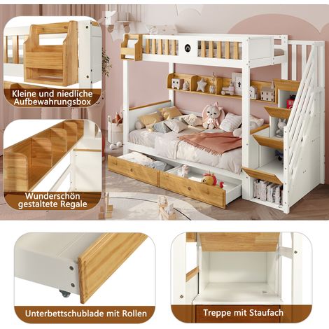Lit superposé en pin massif et MDF, rangement abondant, lit enfant avec 4 casiers intégrés dans l’escalier, barrière de sécurité, 2 tiroirs, étagère ouverte, blanc et bois naturel, 90x200 cm (1/5)