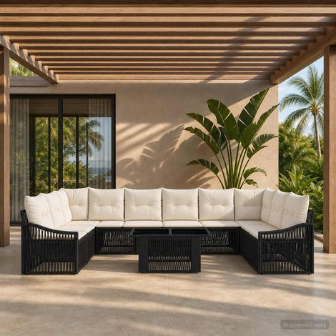 vidaXL Set Divano da Giardino 11 pz Nero e Bianco Crema polyrattan (1/5)