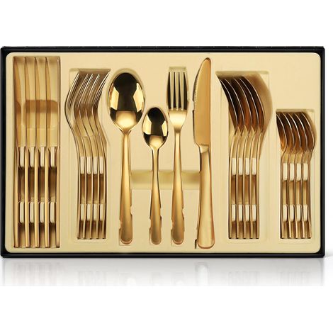 Service de couverts doré, pièces en acier inoxydable poli miroir, pour personnes, maison et restaurants, avec coffret cadeau. (1/5)