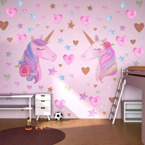 Ahlsen Stickers Muraux Licorne - Autocollants Amovibles Licorne Motifs Cœur Et Étoiles, Stickers Muraux Licorne Membrane (1/4)