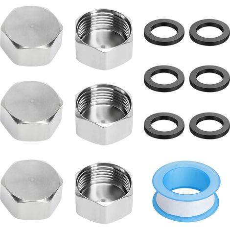 Lot de 6 bouchons d'obturation de 3/4" en acier inoxydable 304 - Filetage intérieur - Capuchons de tuyau hexagonaux avec joints en caoutchouc et bande PTFE - Capuchons de tuyau pour jardin (1/5)