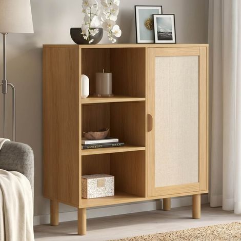 Aparador con 3 estantes y armario 70 cm Mueble de almacenaje ROBIN en madera y tela efecto lino