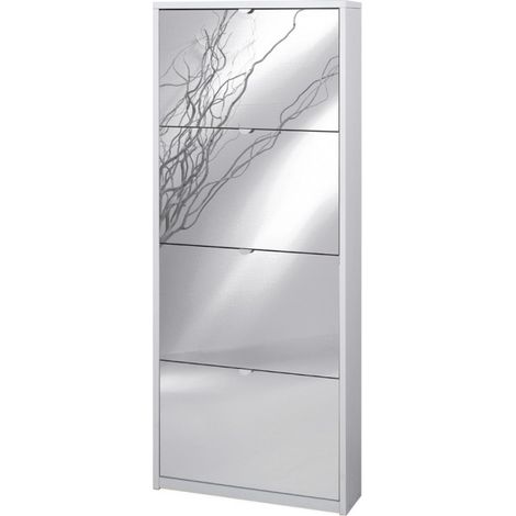 Platzsparendes schmales Schuhregal mit vier verspiegelten Türen in Ash White 63x18x H154 cm (1/2)