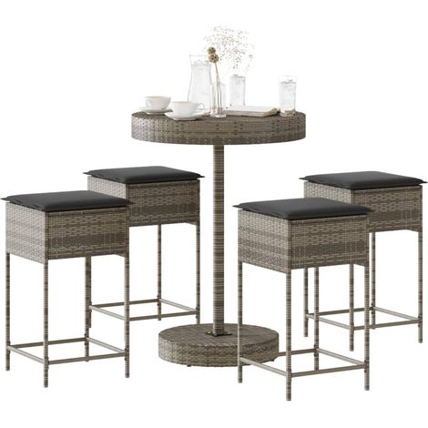 5-tlg. Gartenbar-Set mit Kissen Grau Poly Rattan